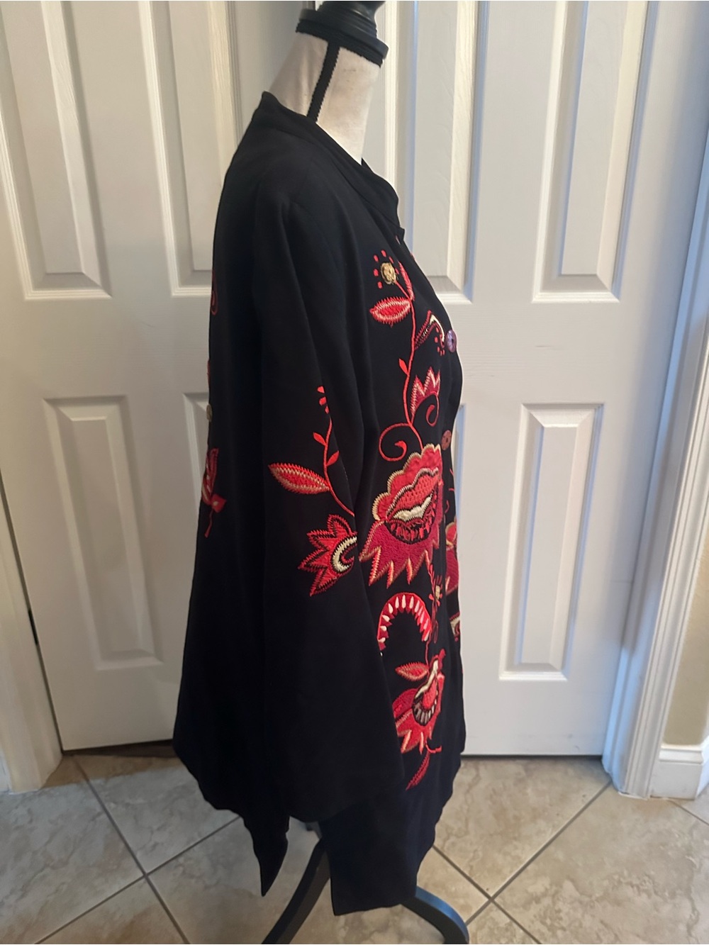 Indigo Moon Embroidered Black, Red & Taupe Women’s Long Jacket with Floral Motif - Picture 3 of 5